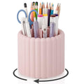 Anyoifax 360° Rotating Pen Holder 7 Slots Desk Organizer Removable Pencil Cup Plastic Art Supplies and Accessories Desktop Storage Box Caddy for Office, School, Home (Pink) - style: Stripe Pink