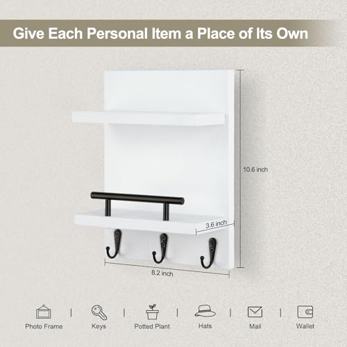 Key Holder Wall Mount, Mail Shelf Decor with 3 Key Hooks, Versatile Wood Wall Organizer for Entryway Hallway (8.2” x 10.6”x 3.6”) (White) - color: White