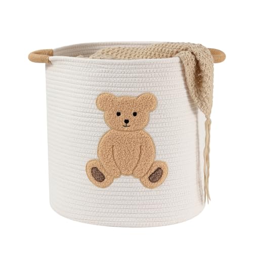 Large Blanket Baskets for Living Room, Teddy Bear Baskets Toy Storage Basket Woven Cotton Rope Basket for Kids, Toys Organizer Clothes Hamper with Embroidery, Teddy Bear Nursery Decor ( Large ) - color: Bear, size: Large