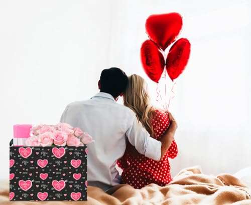 CLOCOR Rectangular Black Heart Gift Basket for Valentines' Day, Collapsible Cute Pattern Storage Bin,Waterproof Books Box with Handles,Gift Basket(Happy Valentine) - color: Happy Valentine