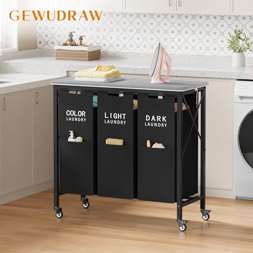 Gewudraw 3 Section Laundry Sorter with Ironing Board, Laundry Hamper with Removable Bags, Heavy Duty Rolling Laundry Cart with Lockable Wheels for Bathroom Bedroom, black - color: Black