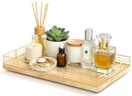 Large Bathroom Vanity Tray – 13" x 8" Oak Decorative Wooden Tray for Bathroom Countertop & Vanity Organizer, Wood Tray for Perfume Skincare Accessories Storage Vanity Dresser Decor Gold & Natural Oak - color: Natural, size: 13" x 8" x 2"