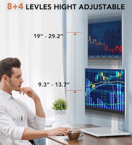 Dual Monitor Stand - Vertical Stack Screen Free-Standing Monitor Riser Fits Two 13 to 34 Inch Screen with Swivel, Tilt, Height Adjustable, Holds One (1) Screen up to 44Lbs HT05W-002 White - color: White