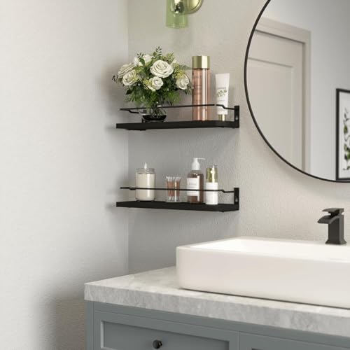 RICHER HOUSE Bathroom Shelves, Black Floating Wall Shelf Organizer Over Toilet Storage with 2 Shelves - color: Black