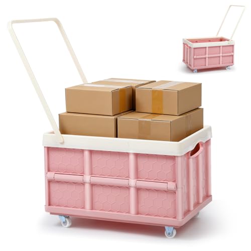 30L Collapsible Storage Bins with Lids: Storage Tote With Wheels Folding Plastic Stackable Utility Crates Plastic Tote Storage Box Container Stackable Folding Utility Crates for Clothes,Books - color: Pink