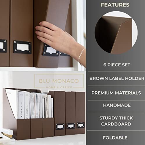 BLU MONACO | Cardboard Magazine File Holder Set of 6 | Vertical Magazine File Holder with Leather Label Slots | Standing File Holder and Cardboard Bins for Shelves Desk Office - color: Brown
