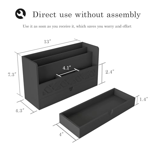 Bamboo Mail Organizer Countertop Desktop with Drawer - Desk Organizer with File Organizer for Office Supplies All-in-One Desk File Organization with Pencil Holder for Paper Letter Envelope Bill - color: 1 Black