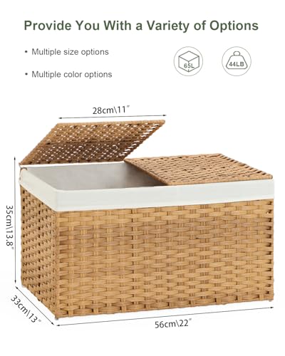 SETVSON Storage Basket with Lid Rattan Woven Storage Baskets with 2 Separate Lids, 17.2 Gallon (65 L), 22 x 13 x 13.8 Inches,Foldable, 2 Removable Liner Bags Handles for Bedroom, Laundry Room Natural - color: Natural, size: 65L-22L*13W*13.8H