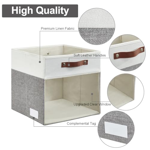 Bagnizer Storage Cubes, 4 Pack Linen Foldable Storage Bins (13 x 13 inch) with Clear Window and 2 Handles, Closet Organizers and Storage for Shelf Closet, Clothes, Books - (Gray and White) - color: Gray / Off-White, size: 13 x 13 x 13