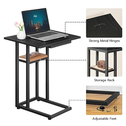 HOOBRO Foldable End Table, C Shaped Side Table with Storage Shelf, Small Snack Table Suitable for Living Room Bedroom Small Spaces, Easy Assembly, Black BK29SF01 - color: Black