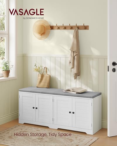 VASAGLE Shoe Storage Bench with Cushion, 3-Tier Entryway Bench with Padded Seat, Doors, Adjustable Shelves, 14 x 47.6 x 20.7 Inches, for Hallway, Bedroom, Cloud White and Dove Gray ULSB048WB01 - color: Cloud White + Dove Gray, size: 14"D x 47.6"W x 20.7"H