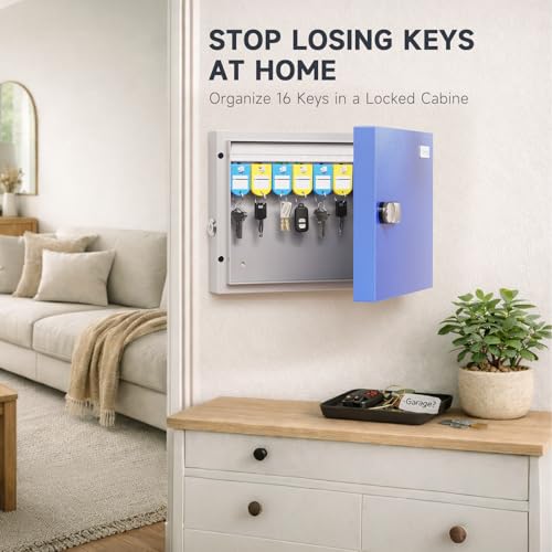 16 Key Lock Box - Wall Mounted Key Cabinet with 3-Digit Combination Lock & Backup Key, Key Organizer Lockbox for Home, Office, Rental, Property Management, Includes Key Tags & Magnetic Door - size: 16 keys（Basic)