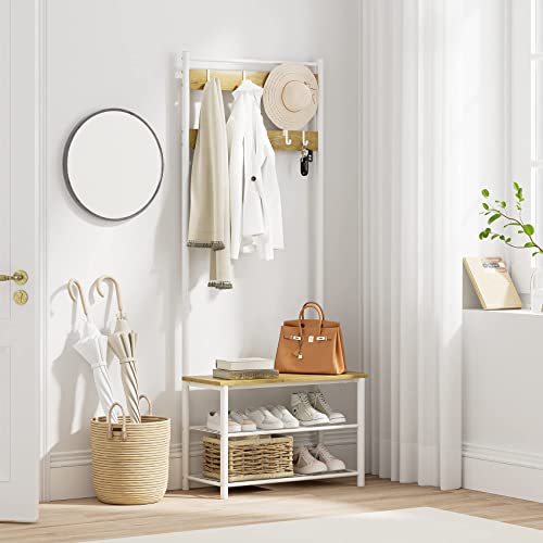 Hall Tree with Bench and Shoe Storage, 3-in-1 Coat Rack Shoe Bench, Freestanding Wooden Coat Rack with Metal Frame, 3-Tier Storage Shelf and 9 Removable Hooks, White/Walnut - color: 1.white Hall Tree