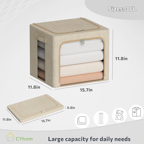 CYhom Clothes Storage Bins Box - Linen Fabric Foldable Stackable Container Organizer Set with Clear Window & Carry Handles & Metal Frame for Bedding, Blankets, Books (Beige, Medium-36L) - color: Beige, size: Medium-36L