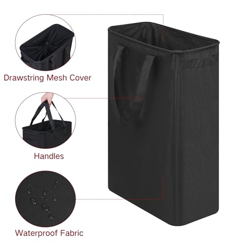 efluky Slim Laundry Basket, Narrow Laundry Hamper with Handles, Collapsible Dirty Clothes Hamper, Tall Laundry Bin for Laundry Room, Dorm and Bedroom, 12.7 Gallons(48L) Black (Pack of 2) - color: Black, size: 48L without Lid (Pack of 2)