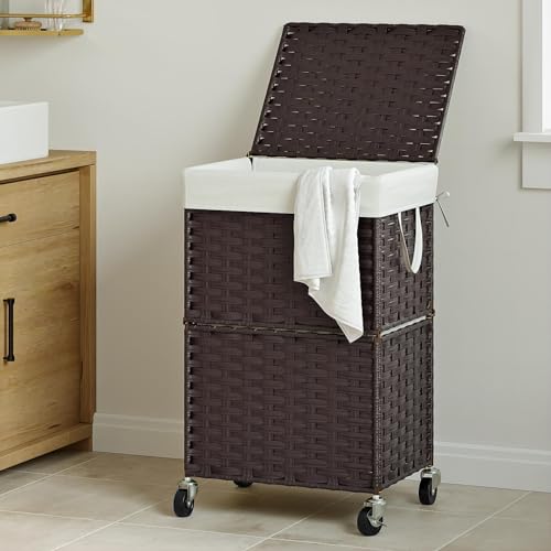 Chrislley 90L Slim Laundry Hamper with Wheels, Rolling Laundry Basket with Lid and Renovable Liner Bag, Handwoven Rattan Organizer for bedroom, bathroom, laundry room (Brown) - color: Brown