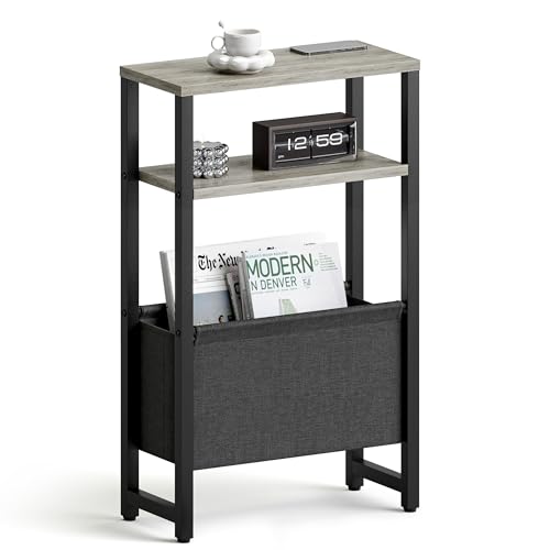 Narrow Side Table, Slim End Table with Magazine Rack, Bedside Table for Small Spaces, 3 Tier Sofa Couch Table Nightstand for Living Room, Bedroom, Oak Grey LET503Q - color: Oak Grey