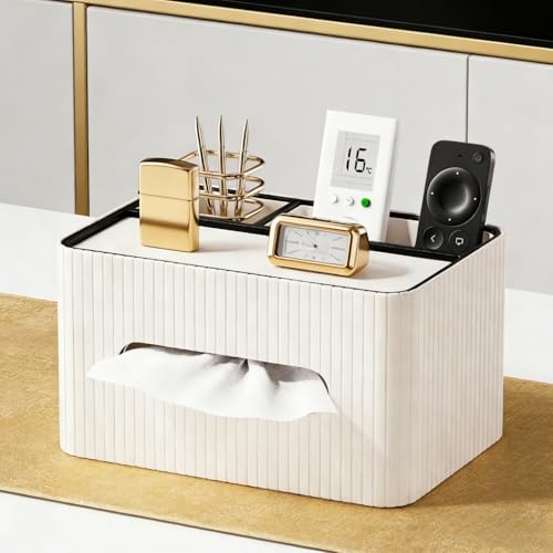 KINGFOM Leather Tissue Box Cover with Storage Tray, Decorative Tissue Box Holder Organizer for Office Desk, Bedroom & Nightstand, Remote Control Holder for Perfume, Watch, Glasses, Pens (Ivory White) - color: Ivory White