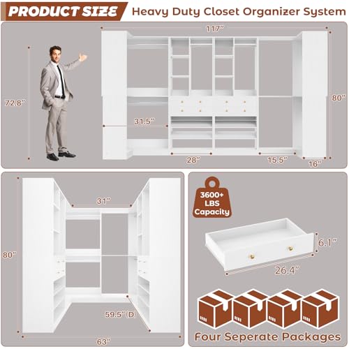 Besiost Closet System with 4 Drawers & Corner Tower, Closet Organizer System with 4 Hanging Robs, Reversible U Shaped Walk-in Closet System, Load 2600+LBS Capacity, Set of 4, White - color: White, size: 117" * 31.5"