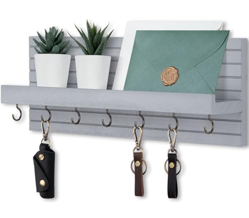 Lwenki Decorative Key Holder for Wall with Shelf, Entryway Shelf with Hooks Holds Leashes, Jackets and Glasses – Sturdy Wood Keyholder Entrance Hanger with Mounting Hardware (Gray, Large) - color: Gray, size: Large