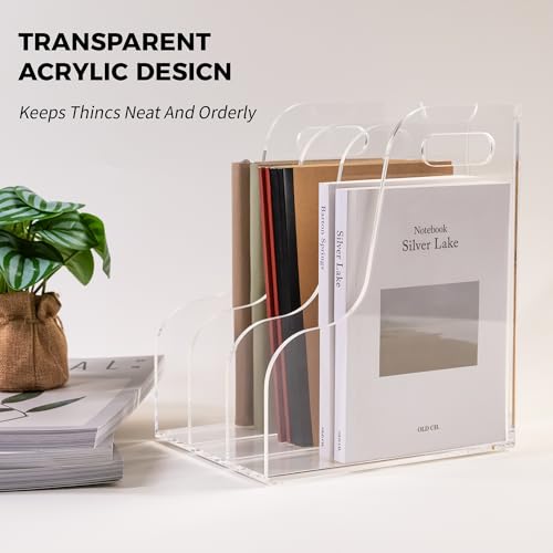 3 Vertical Compartments File Holder, Clear Acrylic Desk Organizer and Storage Bins Holding for Magazines, Binders, Notebooks, Envelopes, Multi-purpose Document Organizer for Home Office - size: A4, 3 Sections
