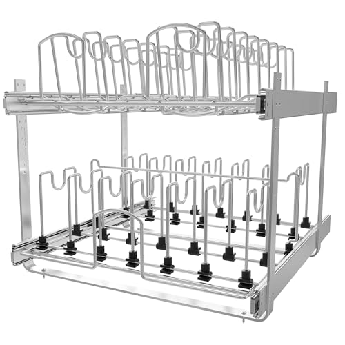2-Tier Kitchen Pull out Cabinet Organizer for Pots, Pans, and Lid Cookware, Adjustable Heavy Duty Wire Pan and Pot Rack, Full-Extension Rail 21" W *22" D - size: 21W*22D