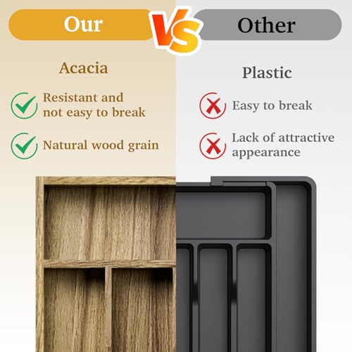 Kiasthome Acacia Wood Silverware Drawer Organizer, Kitchen Utensil Cutlery Drawer Organizer with Grooved Dividers, Flatware Organizer Silverware Tray Holder for Spoon, Fork, 11''x13.8'' (5 Slots) - size: 5 Slots
