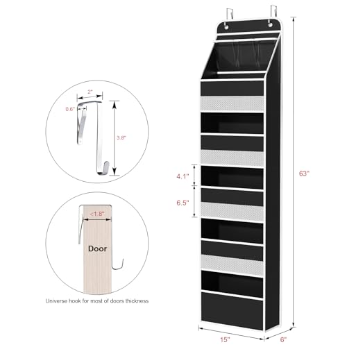 Univivi 6-Shelf Over Door Hanging Organizer Fabric Baby Door Storage with 5 Large Pockets and 3 Small PVC Pockets Wall Mount Hanging Storage Organizers for Baby Essential (Black) - color: Black, size: 6 LAYER