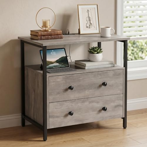 Edbuosy 27 inch Wide Night Stand with Charging Station, Bedside Table with Open Shelf, 2 Drawers Small Wood Dresser, Modern Wood Nightstand for Bedroom/Living Room (Rustic Gray) - color: Rustic Gray, size: 2 Drawers