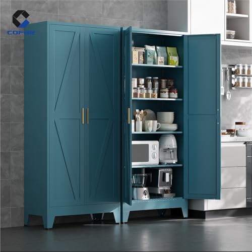 COFaR Metal Pantry Cabinet with Doors, Farmhouse 71'' Tall Storage Cabinet with 4 Adjustable Shelves, Kitchen Pantry Cabinet for Dinning Room, Laundry, Peacock Blue 5-Tier - color: Peacock Blue, size: 71 Tall 2 Doors-Farmhouse