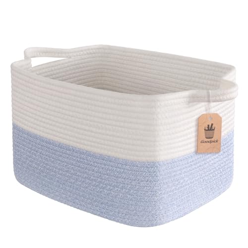 Goodpick Woven Storage Baskets for Organizing, Cotton Rope Organizer for Dog Toys Books, Rectangle Shoe Basket for Shelves, Stylish Gift Baskets Empty with Handles, 13"x10"x9", Blue - color: Light Blue, size: 13"L x 10"W x 9"H