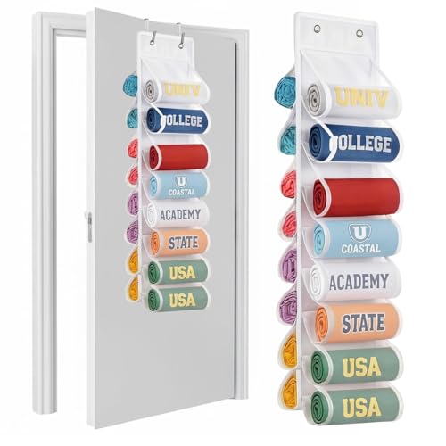 Over The Door Hoodie Organizer, Double Sided Holds 16 Hoodies, White Hanging Storage with 2 Hooks and Rope for Door Closet Cabinet Use, Ideal for Dorm Rooms Bedroom, Small Spaces - color: White