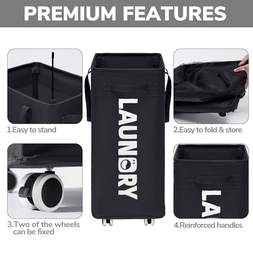 Goodpick Laundry Basket with Wheels, 2-Pack 75L Rolling Laundry Hamper with Removable Wash Bags, Collapsible Laundry Basket for Corner Dorm, Black - color: Black 2-Pack