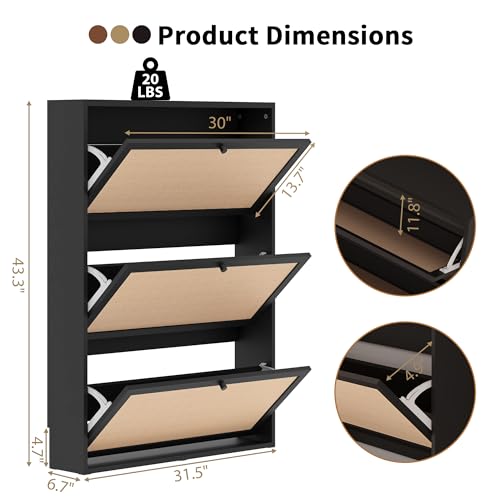 AVZEAR Narrow Shoe Storage Cabinet for Entryway with Natural Linen Panel, Freestanding Slim Shoe Cabinet with 3 Flip Drawers, Wood Shoe Organizer Closed Shoe Rack for Hallway, Living Room(Black) - color: Black, size: 3 Drawers Single Layer
