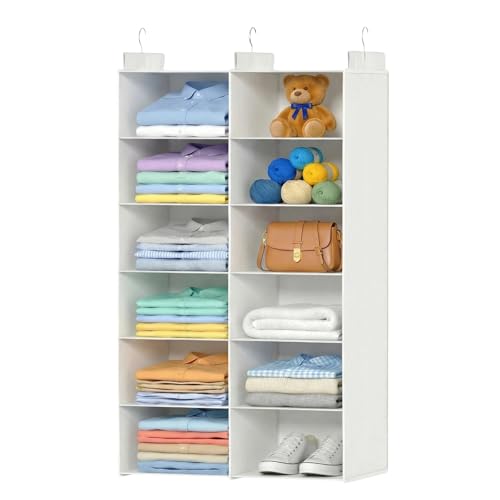 ALLTIDYUP Space-Saving Hanging Closet Storage Organizer – Dual-Row Foldable Shelves with 3 Hooks, 6-Tier Wardrobe Organizer for Dorm, Bedroom, Closet (White) - color: White, size: 6 Tier