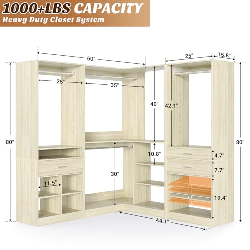 Unikito 86" Corner Closet System, Modular Closets Organizer with 4 Hanging Rods and Storage Shelves, Freestanding Wood Clothes Garment Rack with Drawers, Sturdy Walk in Closet Tower, White Oak - color: White Oak, size: 86 Inch