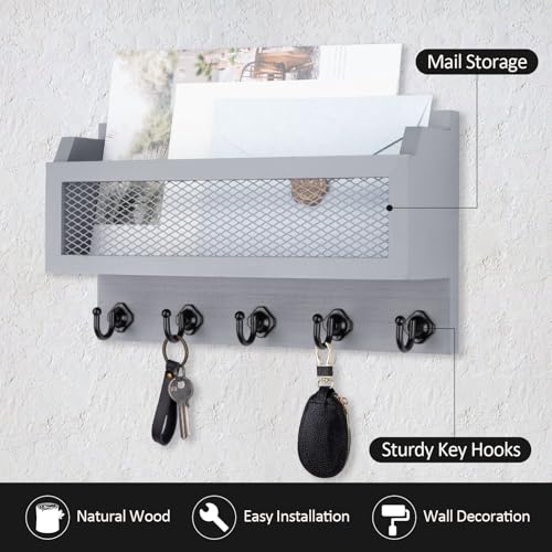 Nekon Mail and Key Holder for Wall Decorative, 11 Inch Wooden Wall Key Organizer with 5 Key Hooks, Wall Mount Storage Shelf for Entryway Hallway (Gray) - color: Gray