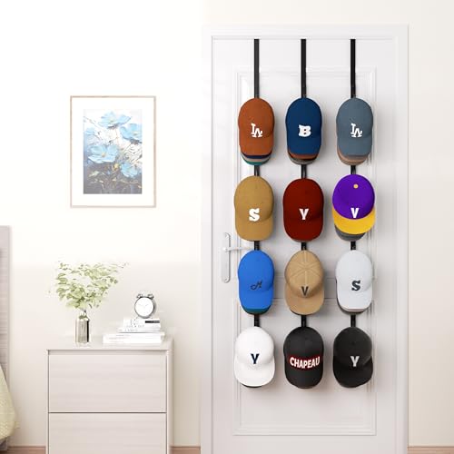 HapiRm Over Door Hat Rack - 3 Packs Hat Organizer with 12 Hooks Design, Hanging Baseball Cap Organizer Storage Holds Up to 60 Caps for Door, Bedroom, Closet (Black) - color: Black, size: 3 Pack