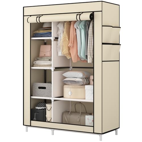 Calmootey Portable Closet Organizers, Clothing Storage, Wardrobe with 6 Shelves and Hanging Rod, Non-Woven Fabric Cover with 4 Side Pockets, Beige - color: Beige