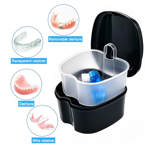 Black Denture Soaking Container Partial Denture Case, Orthodontic Retainer Cleaning Case Denture Cleaner Container Dentures Teeth Cup with Strainer and Lid Waterproof - color: Black