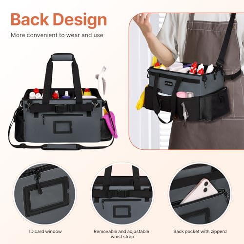 JKAOO Large Wearable Cleaning Caddy Bags,Cleaning Supplies Storage Bag with Handles and Adjustable Shoulder Strap and Removable Waist Straps,Waterproof Cleaning Bags for Home,Car,Office (Gray) - color: Gray