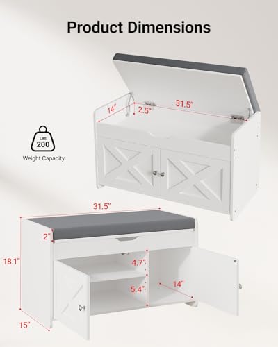 Pipishell Shoe Storage Bench, 2-Tier with Cushioned Seat, Entryway Bench with Adjustable Shelf & Barn Doors, 300 lbs Capacity, 31.5" x 15" x 18", for Entryway, Bedroom, Living Room, White - color: White, size: 2 doors- 31.5" W x 15" D x 18" H