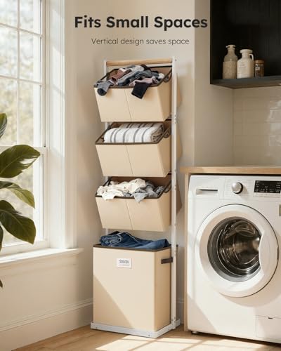 SOLEDI 4 Section Laundry Hamper Sorter, Stackable Laundry Basket Organizer with Removable Basket, 125L 4-Tier Vertical Laundry Sorter for Small Space, Laundry Room, Dorm, Bathroom, Wardrobe Beige - color: Beige