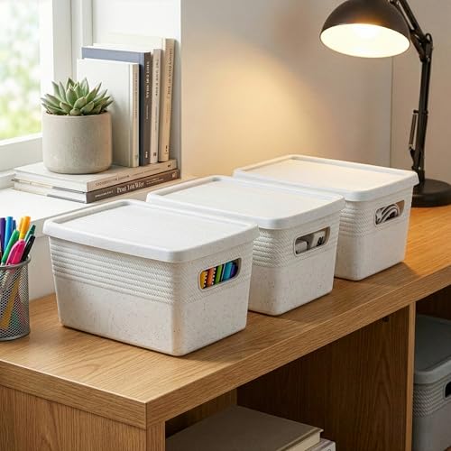 BINO | Plastic Storage Bins with Lids, 5 Liter - 3 Pack, White | THE BRAIDED COLLECTION | Plastic Bins for Organization Woven Storage Baskets for Organizing Pantry Shelf Organizer Basket Container Bin - color: White, size: 5L | 3-Pack
