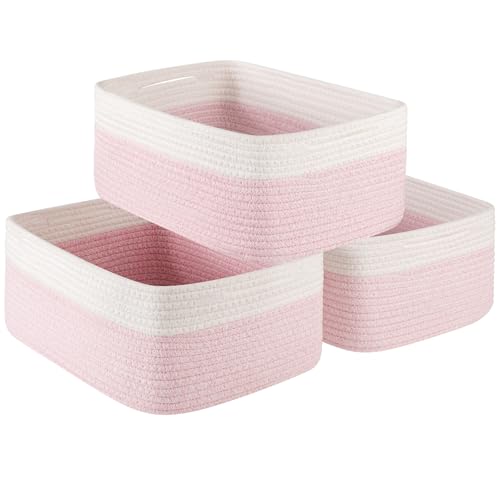 OIASKET Storage Baskets for Organizing 3 Pack, Woven Baskets for Shelves, Closet Organizer Bins Empty Gift Basket Toy Storage for Toys, Books, Towels, Clothes, 15"x11.42"x6.7", Pink - color: Pink