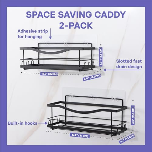 KINCMAX Iron Shower Caddies - Self Adhesive Bathroom Shelves for Showers - Wall Organizer Shampoo Holder Shelf - Peel and Stick On Caddy Bath Tub Rack - Pack of 2 Holders - Black - style: 2-Pc Caddies - Wavy, Black