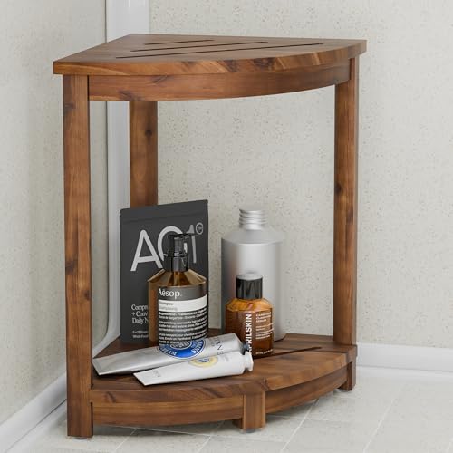 HOLANA 18" Acacia Wood Corner Shower Bench, Corner Shower Stool, Bath Stool with Lower Shelf - Wooden Shower Stool for Inside Shower - Shower Foot Rest (Walnut Color) - color: Walnut