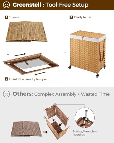 Greenstell Laundry Hamper with Wheels, No Install Needed, 110L Divided Handwoven Hampers & 2 Removable Liner Bags, Synthetic Rattan Clothes Laundry Basket with Lid & Handles, Foldable Hampers Natural - color: Natural, size: 110L: 22.0x13.5x26.4 Inches