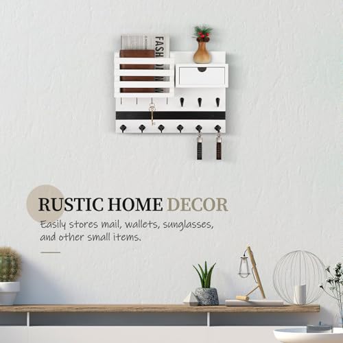 Nekon Key Holder Wall Mount, Rustic Mail and Keys Shelf for Wall Organization with 13 Hooks, Home Decor Accessory with Drawer, White - color: White
