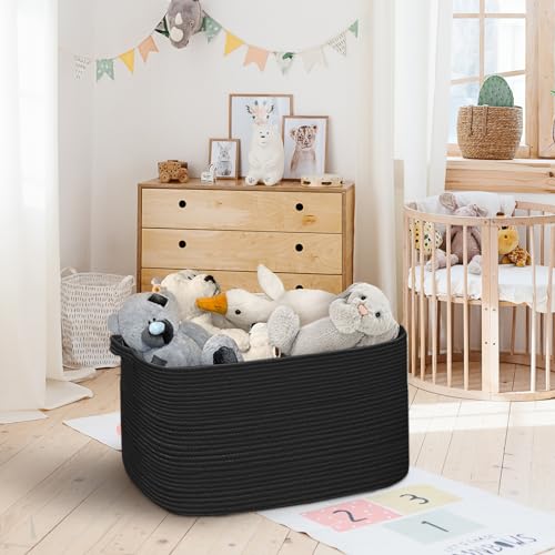 Extra Large Black Basket, 22" X 17" X 12" Rectangle Woven Bin for Storage, Soft Cotton Rope Kids Room Toy Box Bins, Big Wicker Basket Organizer for Blankets, Pillows, Laundry - color: Black